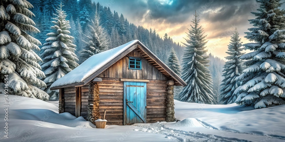 9. Weathered wooden cabin with Blizzard Blue door, surrounded by snow-covered evergreens, and a hint of forest mist, a realistic photo image. 9. Weathered wooden cabin with Blizzard Blue door, surrounded by snow-covered evergreens, and a hint of forest mist, a realistic photo image.