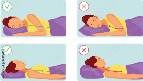 Correct and incorrect sleeping positions highlighting the importance of proper spinal alignment for improved health and comfort during sleep.