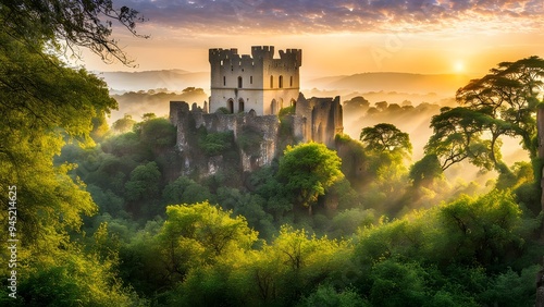 old castle in the mountains and sunshine