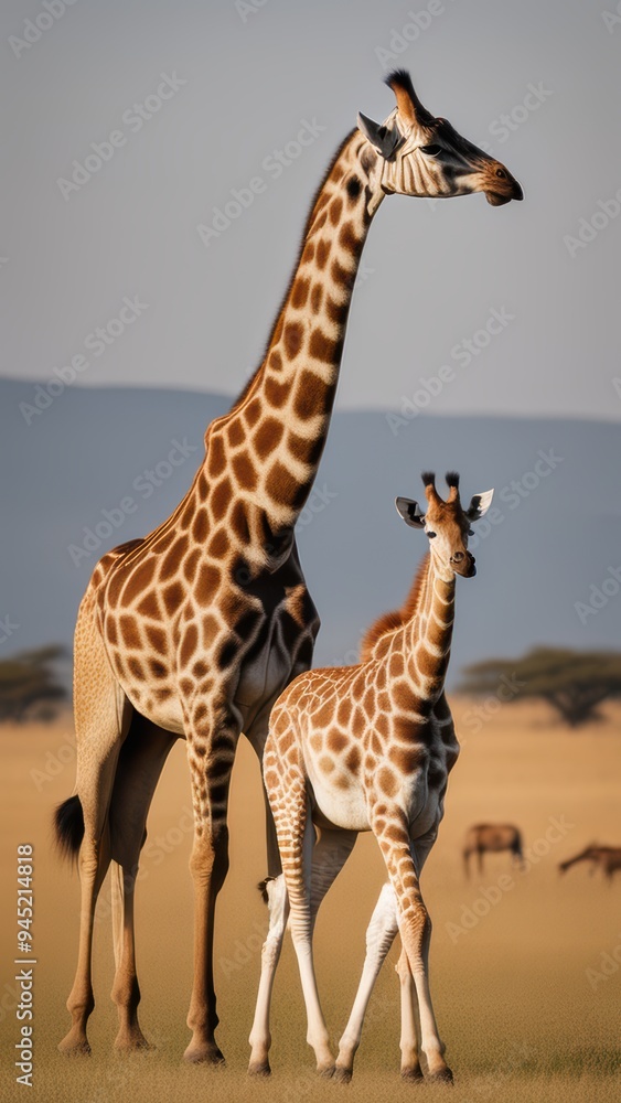 Two giraffes stand on African savannah one young giraffe looking directly at camera. Two giraffes stand on African savannah one young giraffe looking directly at camera.