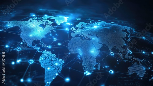 A digital world map with satellite symbols indicating global internet connections.