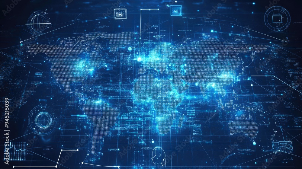 A digital world map with satellite symbols indicating global internet connections. A digital world map with satellite symbols indicating global internet connections.