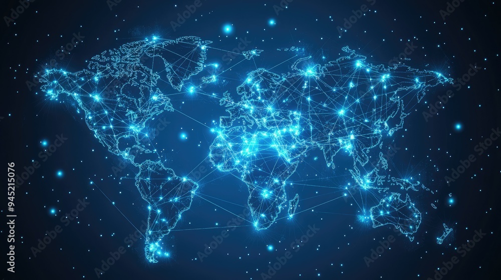 A digital world map with satellite symbols indicating global internet connections.