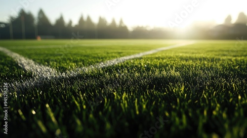 A football field at dawn, with the first light illuminating the freshly cut grass and white lines.