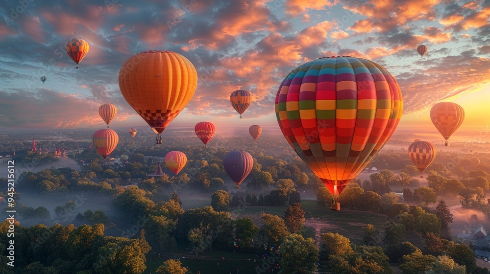 Fototapeta premium A colorful hot air balloon festival at dawn, filling the sky with vibrant balloons, capturing the essence of wonder and joy