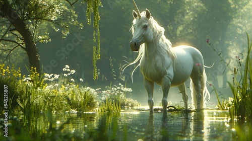 A serene unicorn stands in a misty forest by a tranquil water source.