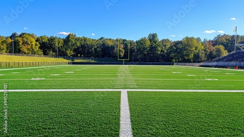 A football field viewed from the end zone, with a clear view of the goalposts and field lines.