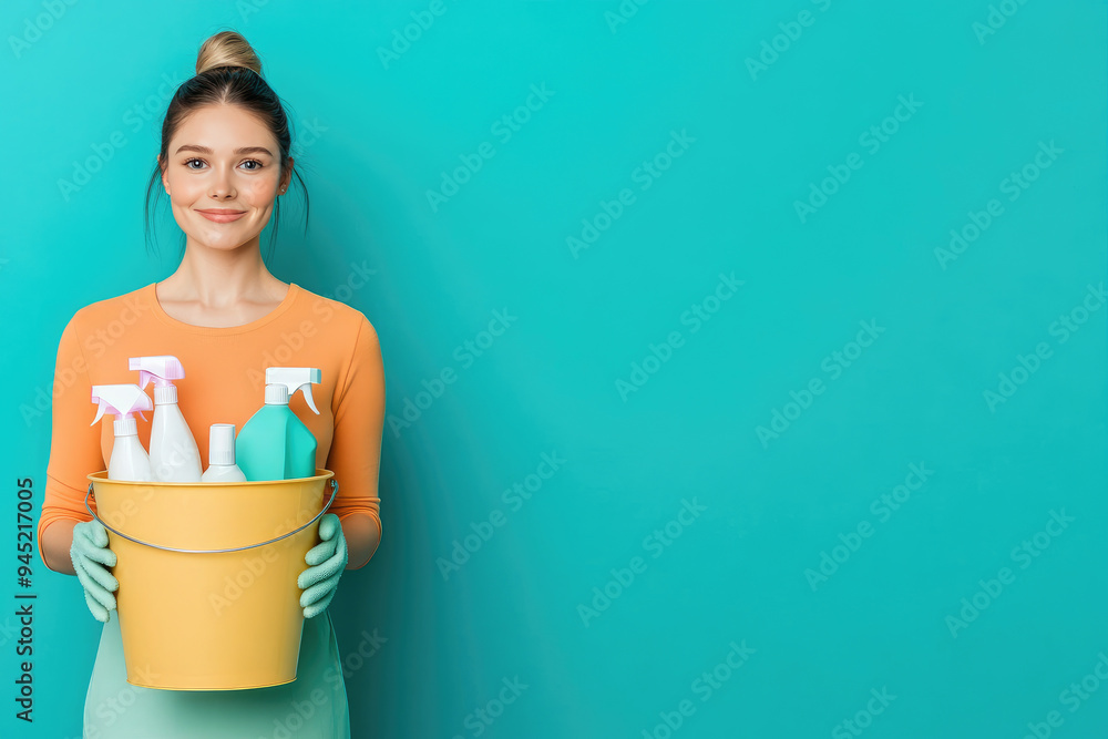 Cheerful woman holding a yellow bucket filled with cleaning supplies, wearing gloves, set against a vibrant teal background, ready for an exciting cleaning day. Cheerful woman holding a yellow bucket filled with cleaning supplies, wearing gloves, set against a vibrant teal background, ready for an exciting cleaning day.