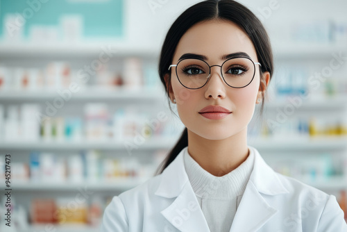 Pharmacy professional, young woman in white lab coat and glasses, confident expression, shelves filled with various medications in the background, clinical setting.