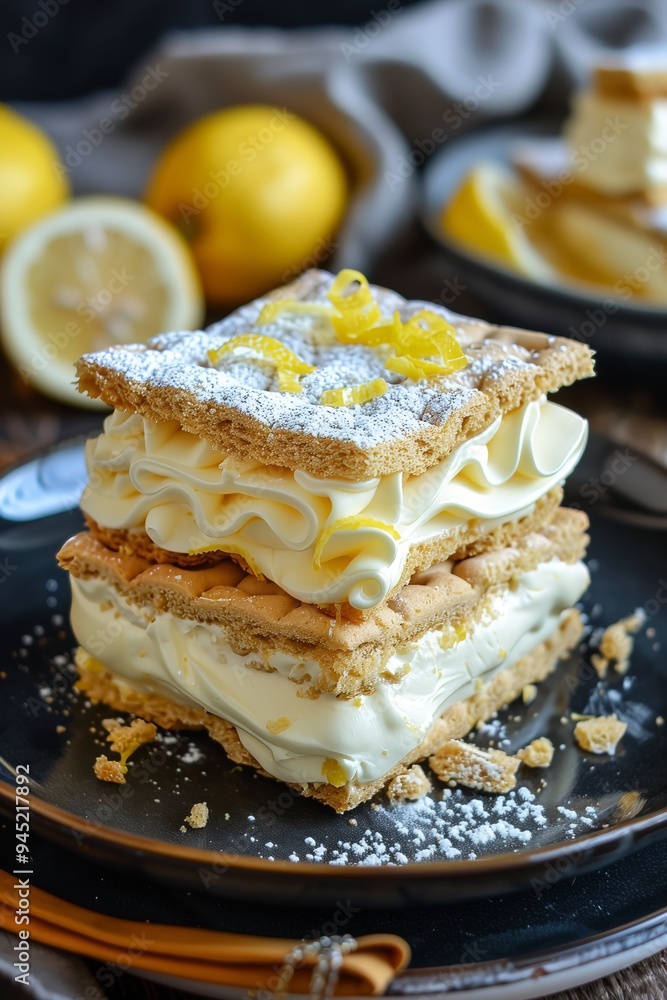 Delicious lemon dessert layered with cream and cookies served on a black plate with fresh lemons on the side Delicious lemon dessert layered with cream and cookies served on a black plate with fresh lemons on the side
