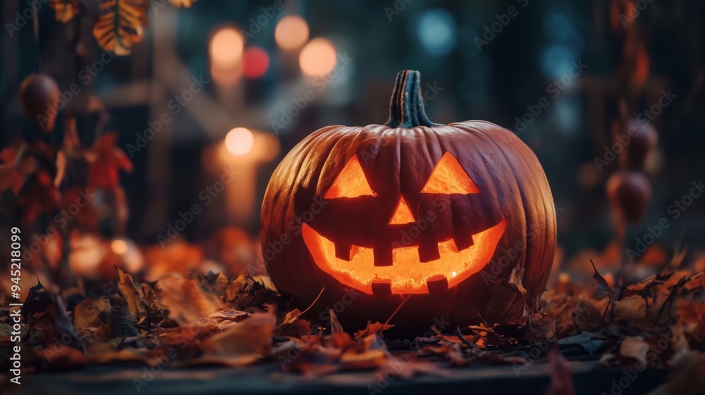 A Festive Display of a Glowing Jack O Lantern Amidst Autumn Leaves A Festive Display of a Glowing Jack O Lantern Amidst Autumn Leaves