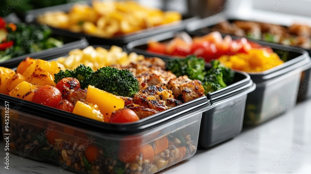 Healthy meal prep with grilled chicken and colorful vegetables in black containers Healthy meal prep with grilled chicken and colorful vegetables in black containers