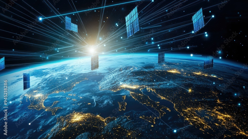 A futuristic image of satellites beaming internet signals across the globe. A futuristic image of satellites beaming internet signals across the globe.
