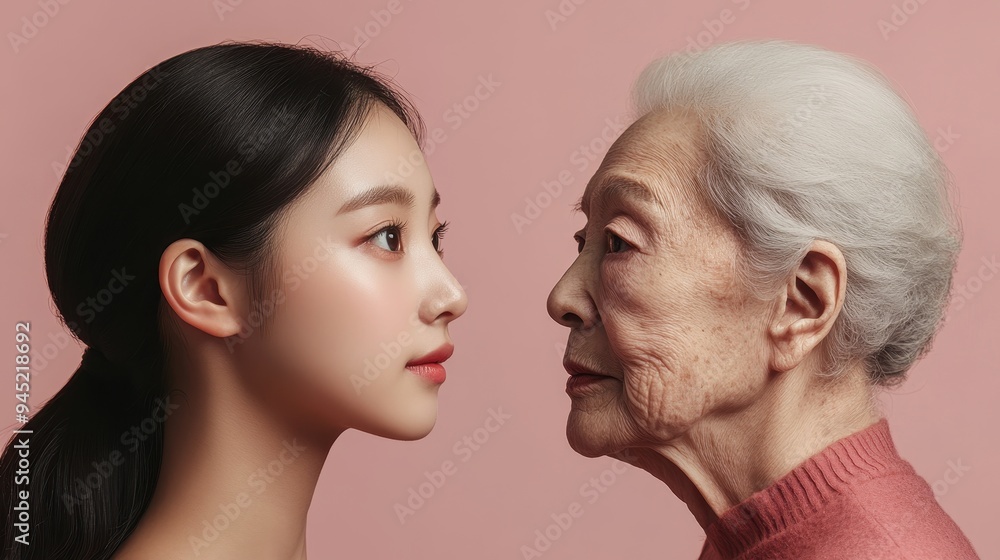 Young woman and her elderly mother take care of their skin and look great,Two generations,Beautiful middle aged mother and her adult daughter,skincare and Aging concept,Comparison of young and old. Young woman and her elderly mother take care of their skin and look great,Two generations,Beautiful middle aged mother and her adult daughter,skincare and Aging concept,Comparison of young and old.