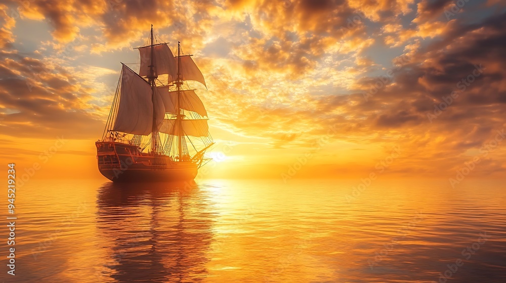 Fototapeta premium Golden Serenity: Pirate Ship Sailing into Sunset on Pirate Day