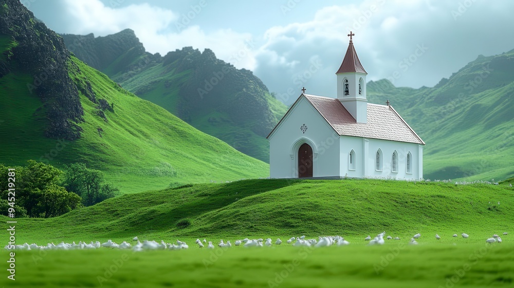 A white church with a red roof stands on a green hill with mountains in the background A white church with a red roof stands on a green hill with mountains in the background