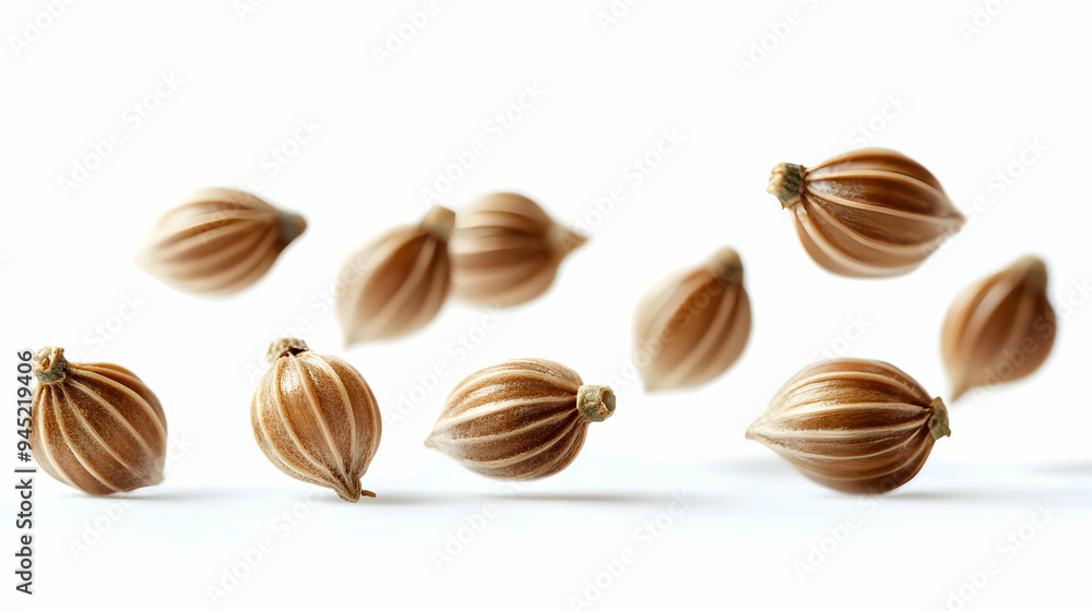 Coriander Seeds Falling Isolated on White Background Coriander Seeds Falling Isolated on White Background