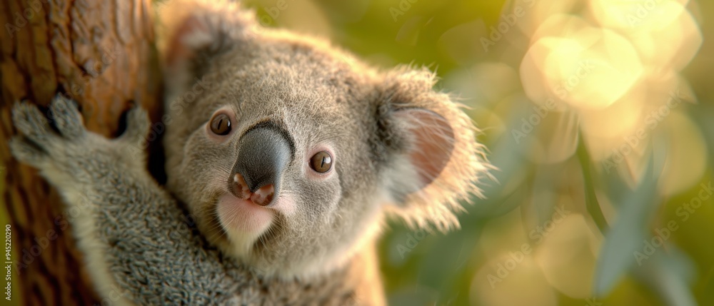 Obraz premium Adorable Baby Koala Clinging Securely to Mother's Back in A Heartwarming Moment of Love and Safety