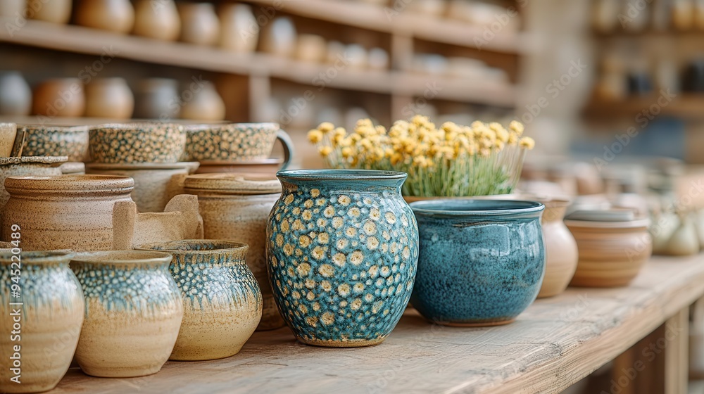 A selection of handcrafted pottery displayed on a wooden shelf and table A selection of handcrafted pottery displayed on a wooden shelf and table