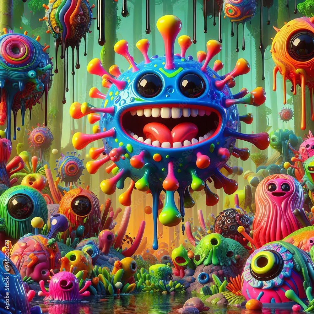 A Whimsical Wonderland of Colorful Microbial Creatures in a Vibrant and Playful Fantasy Landscape Full of Life and Joy A Whimsical Wonderland of Colorful Microbial Creatures in a Vibrant and Playful Fantasy Landscape Full of Life and Joy