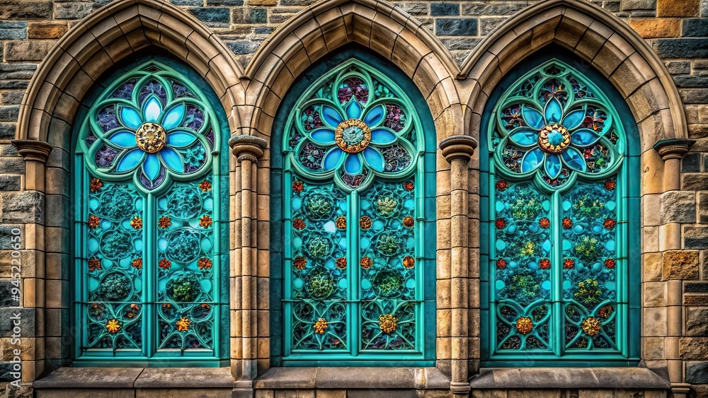 9. Dark turquoise stained glass windows with intricate floral patterns, set in a historic church's stone facade, a realistic photo image. 9. Dark turquoise stained glass windows with intricate floral patterns, set in a historic church's stone facade, a realistic photo image.