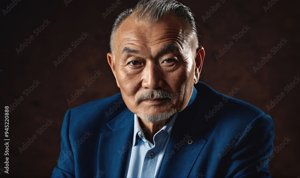 A close-up portrait of an older man with graying hair and a beard, wearing a blue jacket and a white shirt, against a dark brown background A close-up portrait of an older man with graying hair and a beard, wearing a blue jacket and a white shirt, against a dark brown background