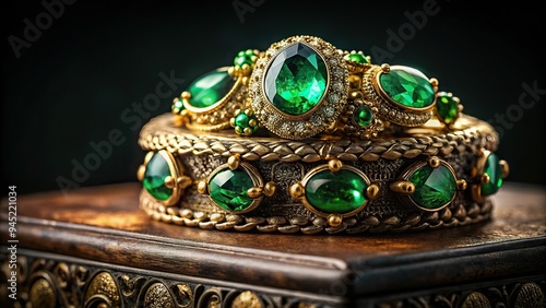 9. Emerald green gemstones, set in intricate antique jewelry, showcased on a black velvet pedestal, with soft focus background, a realistic photo image.