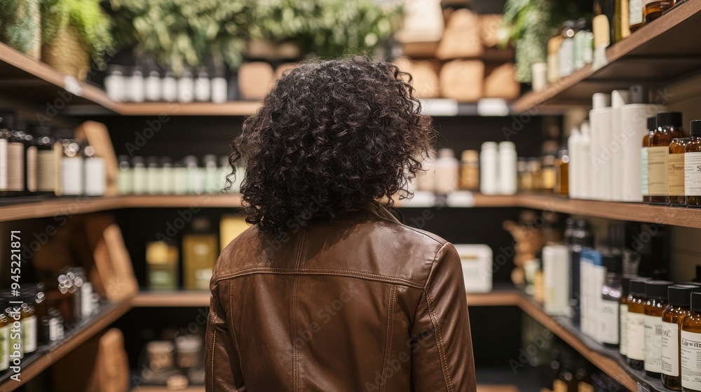 Woman shopping at organic store, back view, surrounded by natural products Woman shopping at organic store, back view, surrounded by natural products