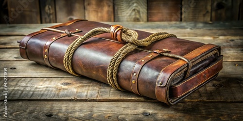 10. A rolled-up Cordovan leather map case with worn edges and faded labels, tied with twine, resting on a distressed wooden crate, a realistic photo image. photo