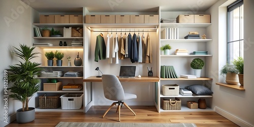 Cozy home workspace nook with organized closet, filled with office supplies, shelves, and neatly hung clothes, blending functionality and style in a compact area. photo