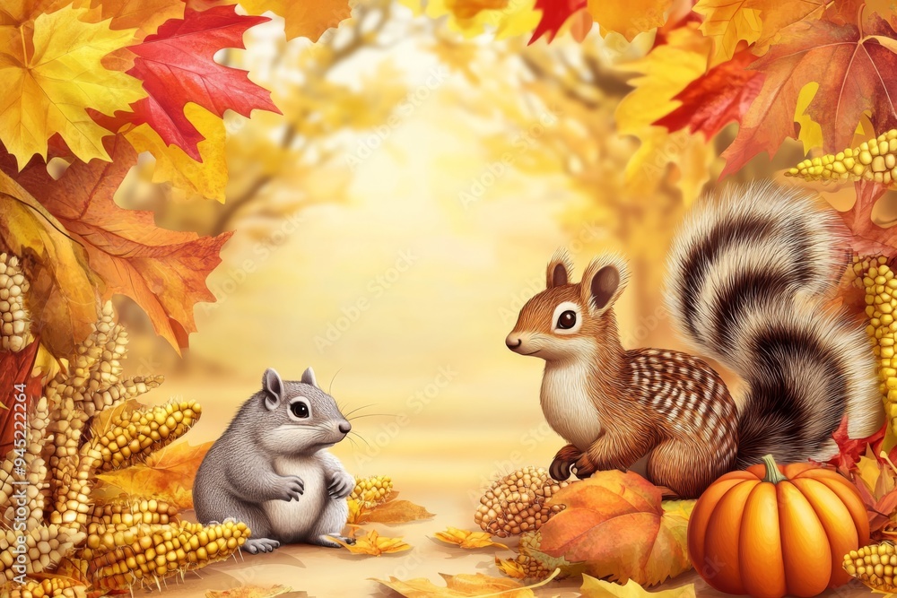 fall-themed vector border with a turkey, hedgehog, squirrel, and pumpkin, surrounded by colorful autumn leaves and corn fall-themed vector border with a turkey, hedgehog, squirrel, and pumpkin, surrounded by colorful autumn leaves and corn
