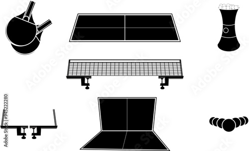 Vektor, illustration table tennis equipment black fill - Bet , table, training robot,net, net support, ping pong ball.