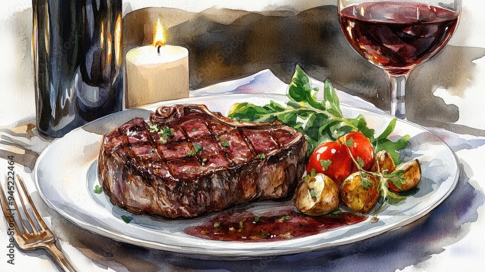 Watercolor of Delicious Grilled Beef Steak and red wine glass,Detailed Hand Drawn,Vector illustration,Freshly medium rare grilled beef steak, fried meat, close-up, isolated on white background.