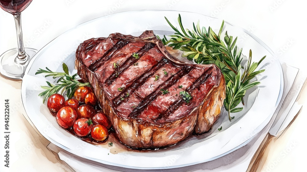 Watercolor of Delicious Grilled Beef Steak and red wine glass,Detailed Hand Drawn,Vector illustration,Freshly medium rare grilled beef steak, fried meat, close-up, isolated on white background. Watercolor of Delicious Grilled Beef Steak and red wine glass,Detailed Hand Drawn,Vector illustration,Freshly medium rare grilled beef steak, fried meat, close-up, isolated on white background.