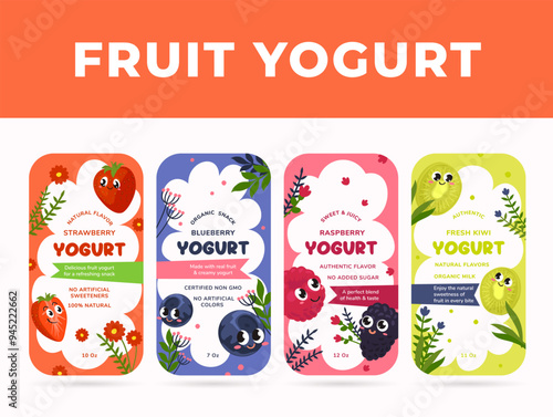 Colourful and varied fruit yogurt labels showcasing fresh flavours and vibrant packaging perfect for a healthy snack.