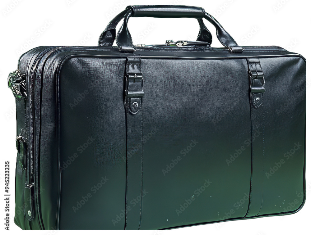 A black leather suitcase with a top handle and a shoulder strap A black leather suitcase with a top handle and a shoulder strap