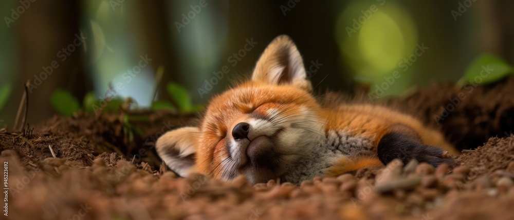 Naklejka premium Peaceful Baby Fox Snoozing in Cozy Den - Adorable Wildlife Nap Time in Forest Habitat