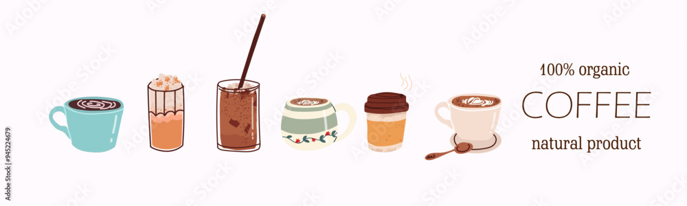 Hot and cold coffee drink. A set of different types of drinks. Espresso, cup of Americano, cappuccino and latte in paper mugs, iced macchiato in a glass. Horizontal banner, hand drawn, vector. Hot and cold coffee drink. A set of different types of drinks. Espresso, cup of Americano, cappuccino and latte in paper mugs, iced macchiato in a glass. Horizontal banner, hand drawn, vector.