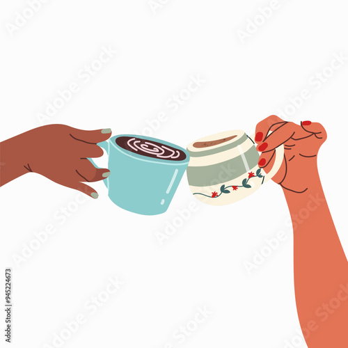 Hands holding tea cups. Coffee mugs cheers. Girls friends, couple drinking hot beverage, hand drawn. Breakfast gathering, meeting. Flat graphic vector illustration isolated on white background