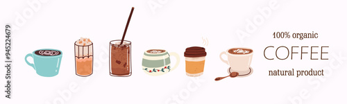 Hot and cold coffee drink. A set of different types of drinks. Espresso, cup of Americano, cappuccino and latte in paper mugs, iced macchiato in a glass. Horizontal banner, hand drawn, vector.