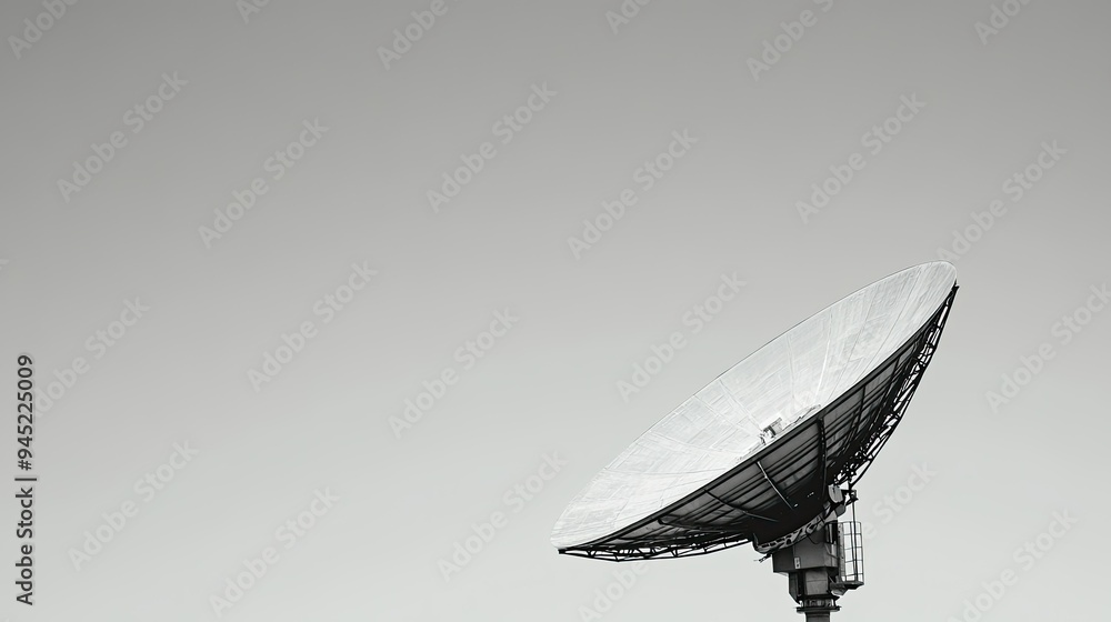 Obraz premium A satellite dish pointing towards space, symbolizing satellite internet connection under a clear sky.