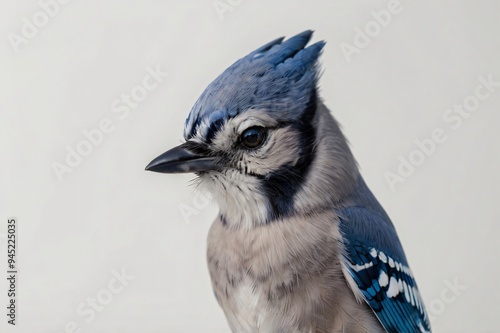 Blue Jay on White Bacjground, A blue and white bird with a blue head and tail. Generative AI photo