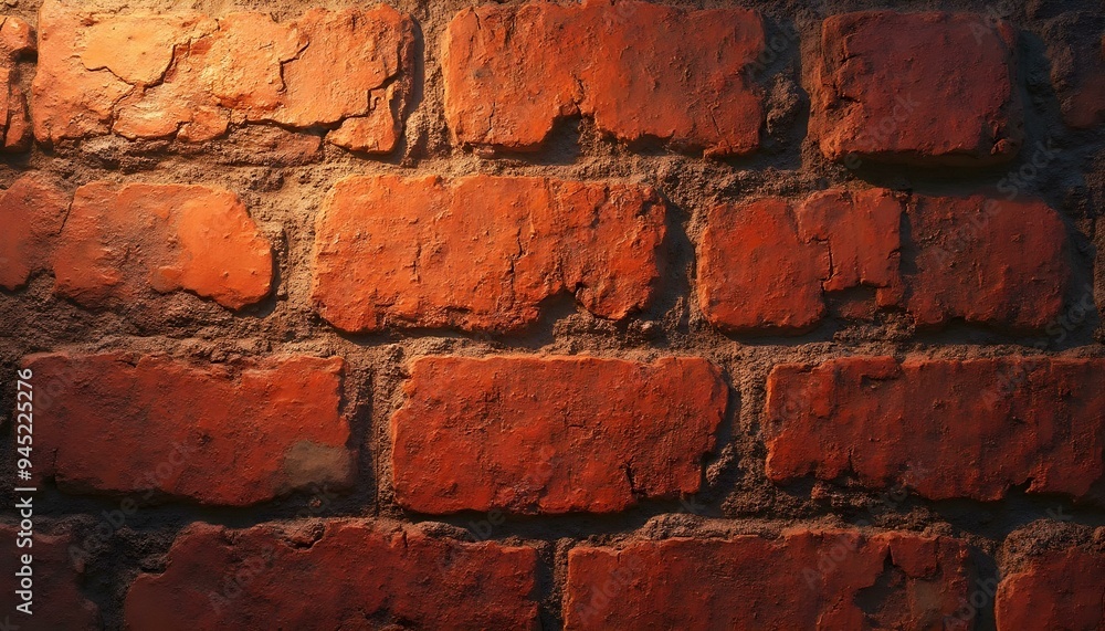 Obraz premium Red brick texture with visible roughness, cracks, and natural color variations, showcasing a raw, industrial look. Ideal for architectural, interior design, and urban space projects.