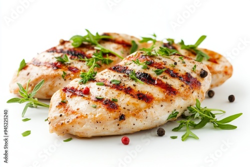 grilled chicken breast isolated on a clean white background, garnished with fresh herbs and a sprinkle of pepper