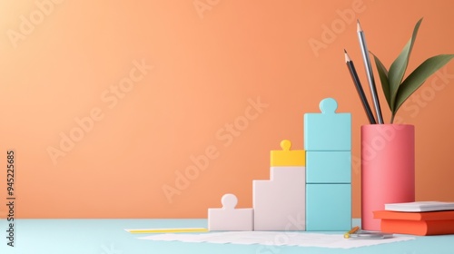 A 3D representation of an income statement as a puzzle being pieced together, with each section representing different financial aspects.