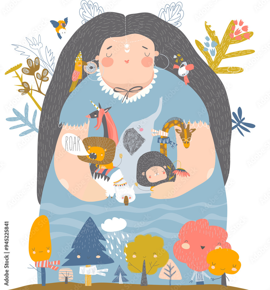 Naklejka premium Conceptual Illustration of mother earth hugging animals