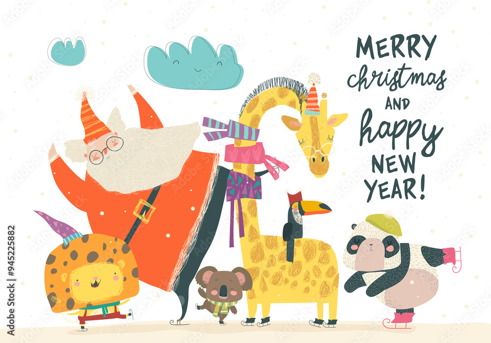 Naklejka premium Santa Claus skating with lion, giraffe,panda and koala