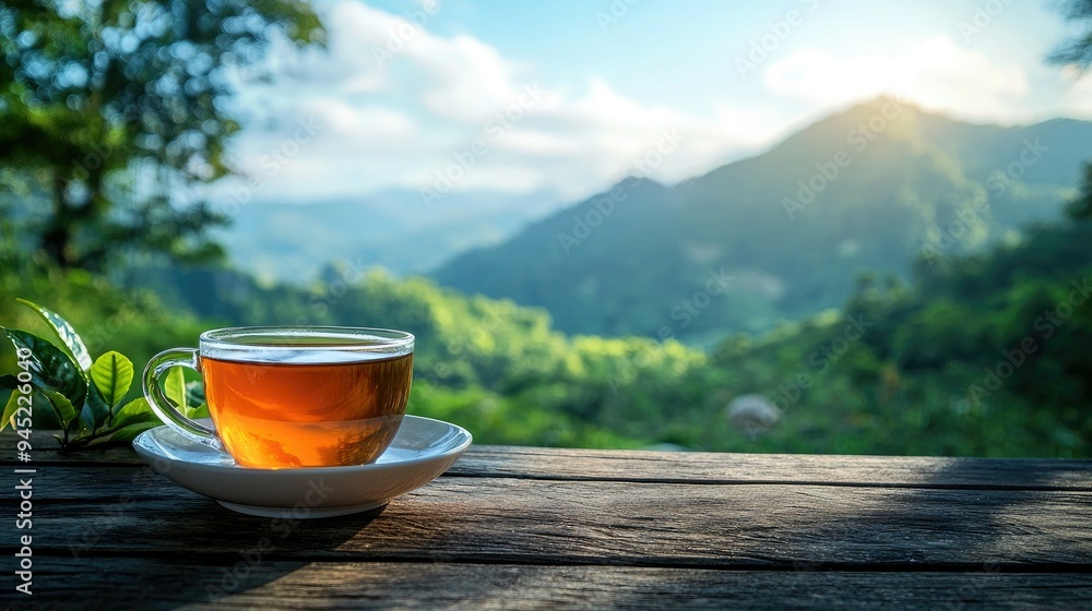 A Cup of Tea on a Wooden Table with a Mountainous View A Cup of Tea on a Wooden Table with a Mountainous View