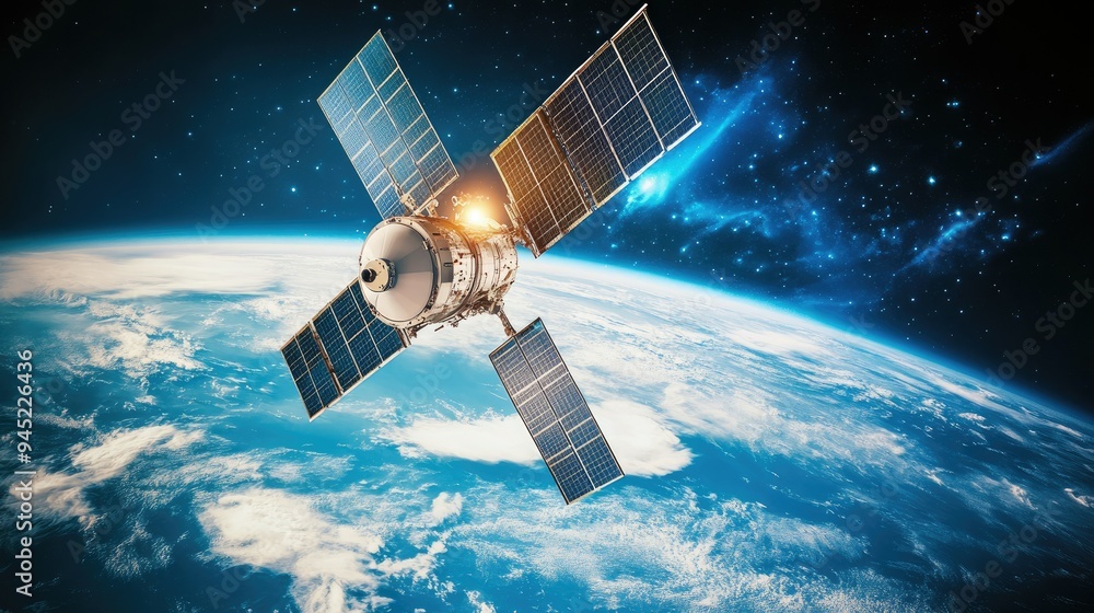 A satellite in space emitting signals towards Earth, representing satellite internet communication. A satellite in space emitting signals towards Earth, representing satellite internet communication.