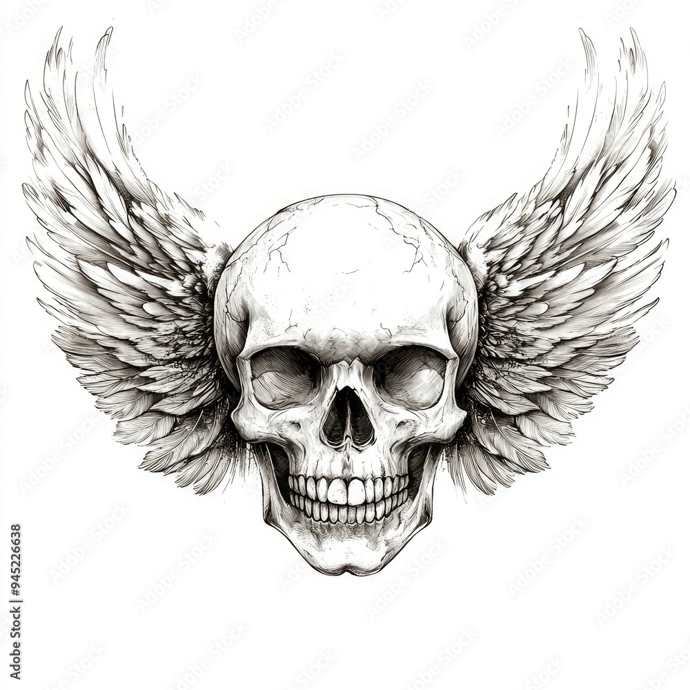 Fototapeta premium A detailed black and white drawing of a skull with wings